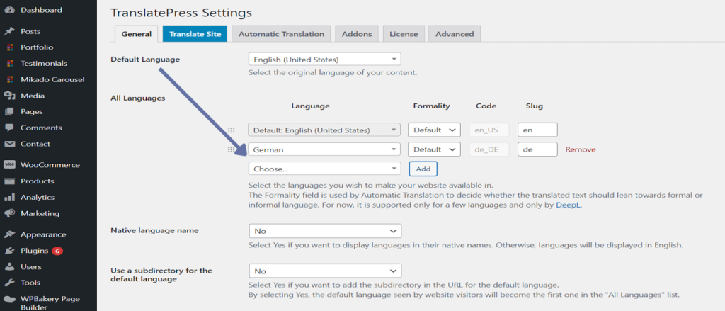 TranslatePress settings in the WordPress dashboard. Choose a language from the dropdown menu.