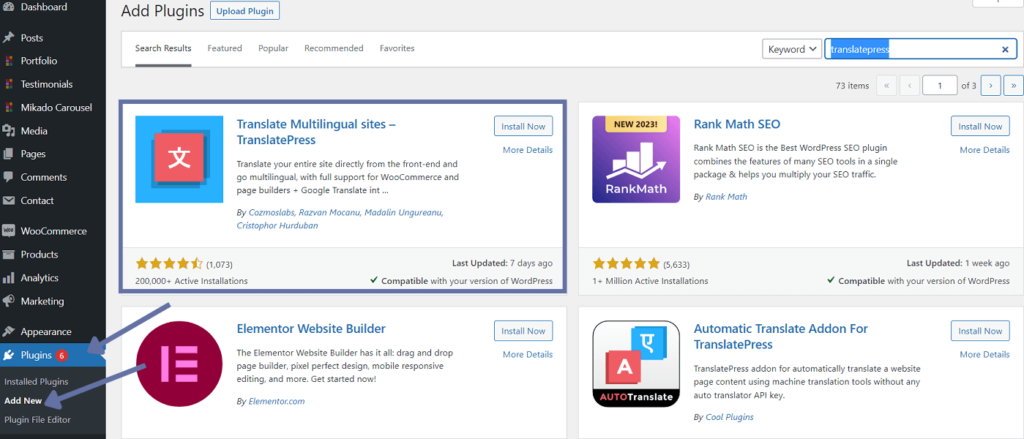 TranslatePress is found in the Plugins section in the WordPress dashboard