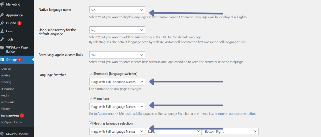 TranslatePress plugin settings to configure your localisation preferences.