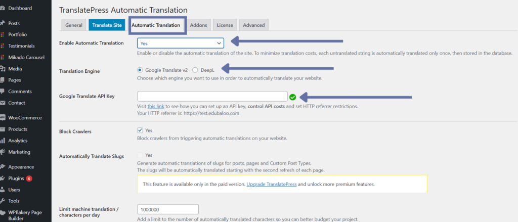 Configuring automatic translations in the TranslatePress dashboard